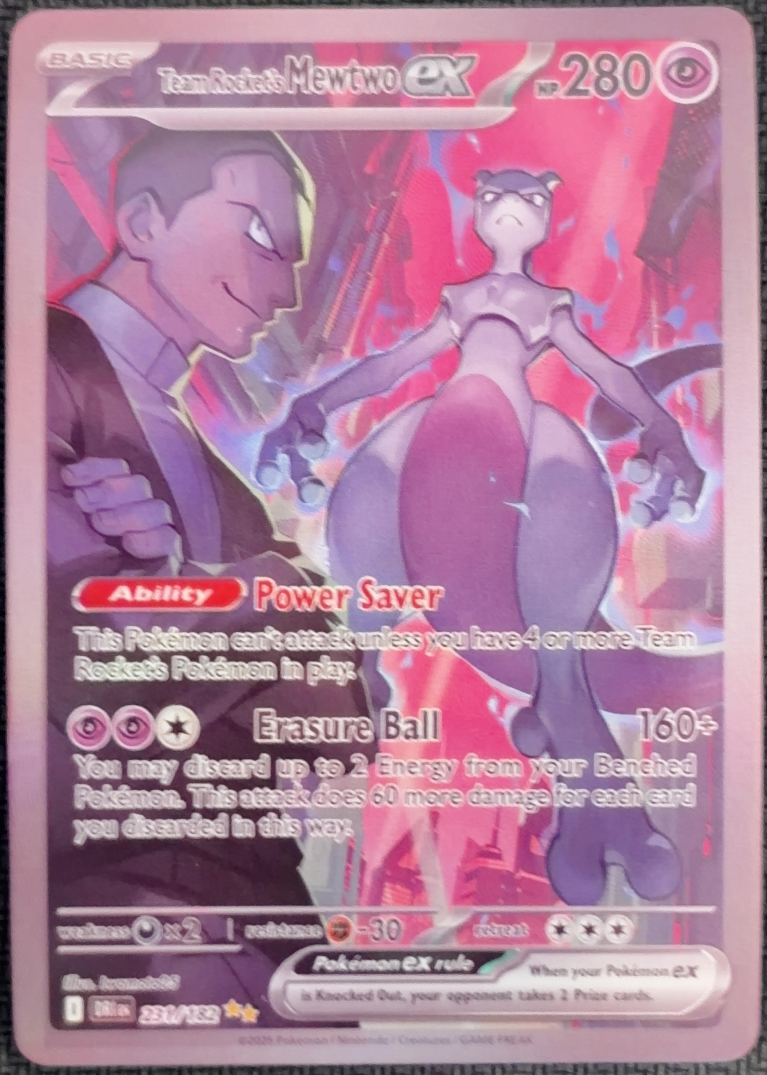 English Team Rocket's Mewtwo ex 231/182 Destined Rivals textured holo custom proxy collector card