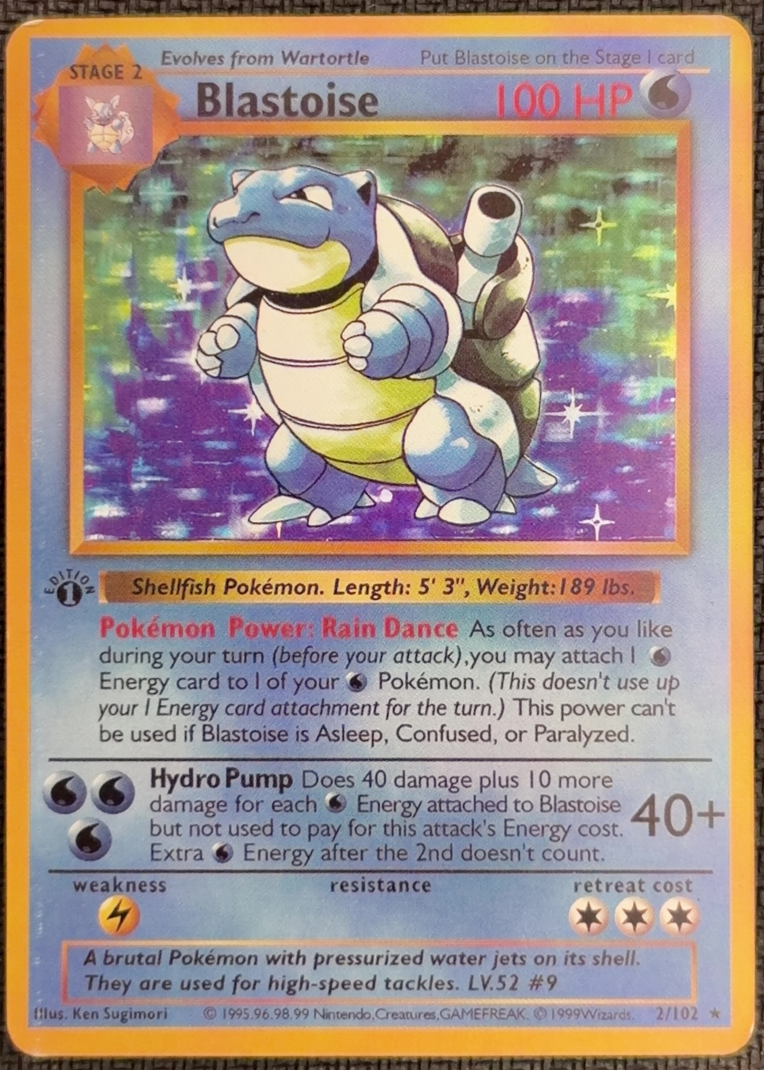 English Blastoise 2/102 Base Set textured holo custom proxy collector card