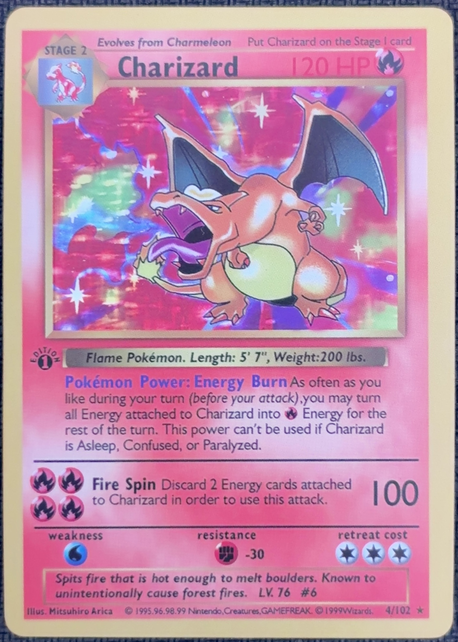 English Charizard 4/102 Base Set textured holo custom proxy collector card