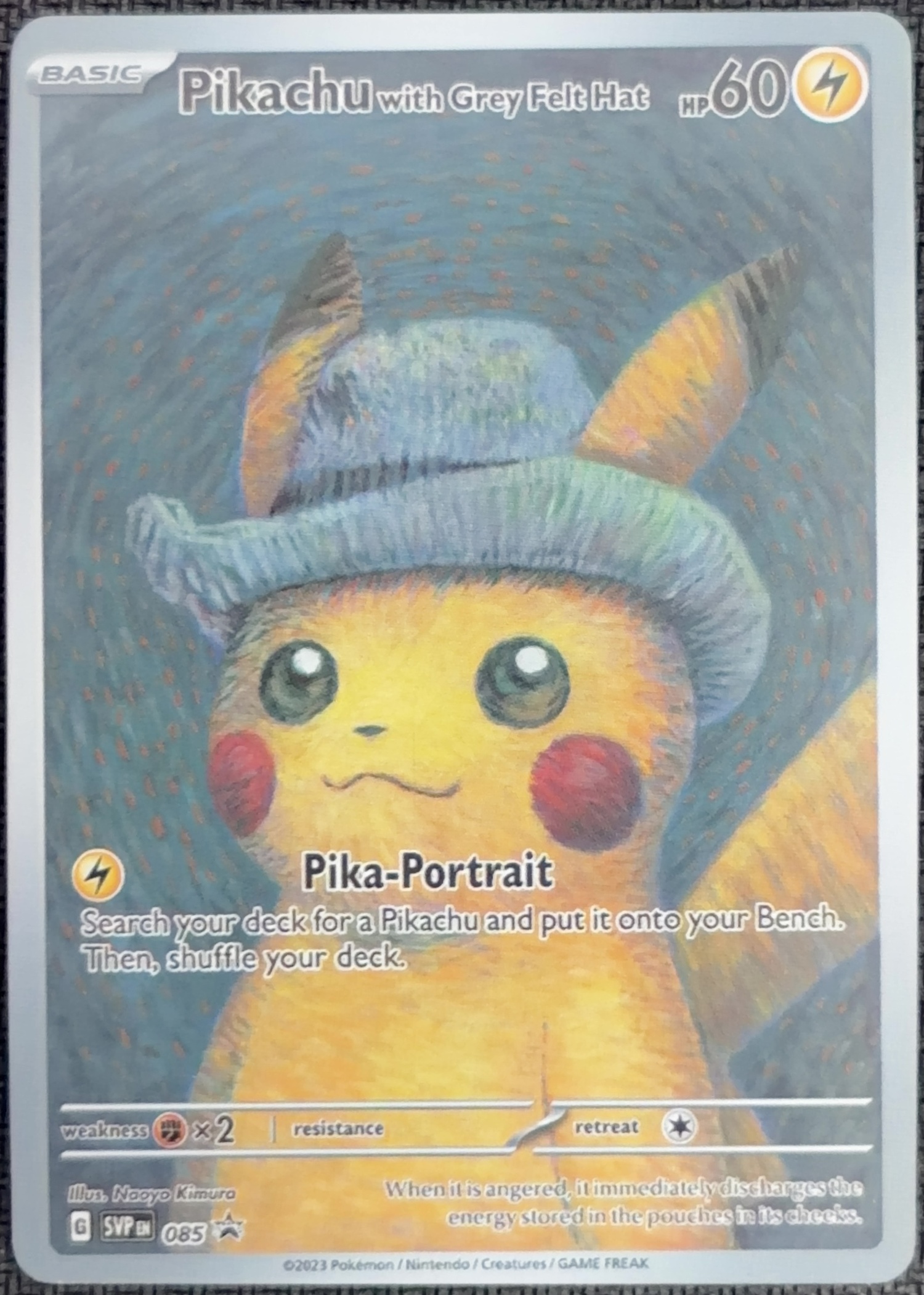 English Pikachu with Grey Felt Hat 085 SVP Black Star Promos textured holo custom proxy collector card