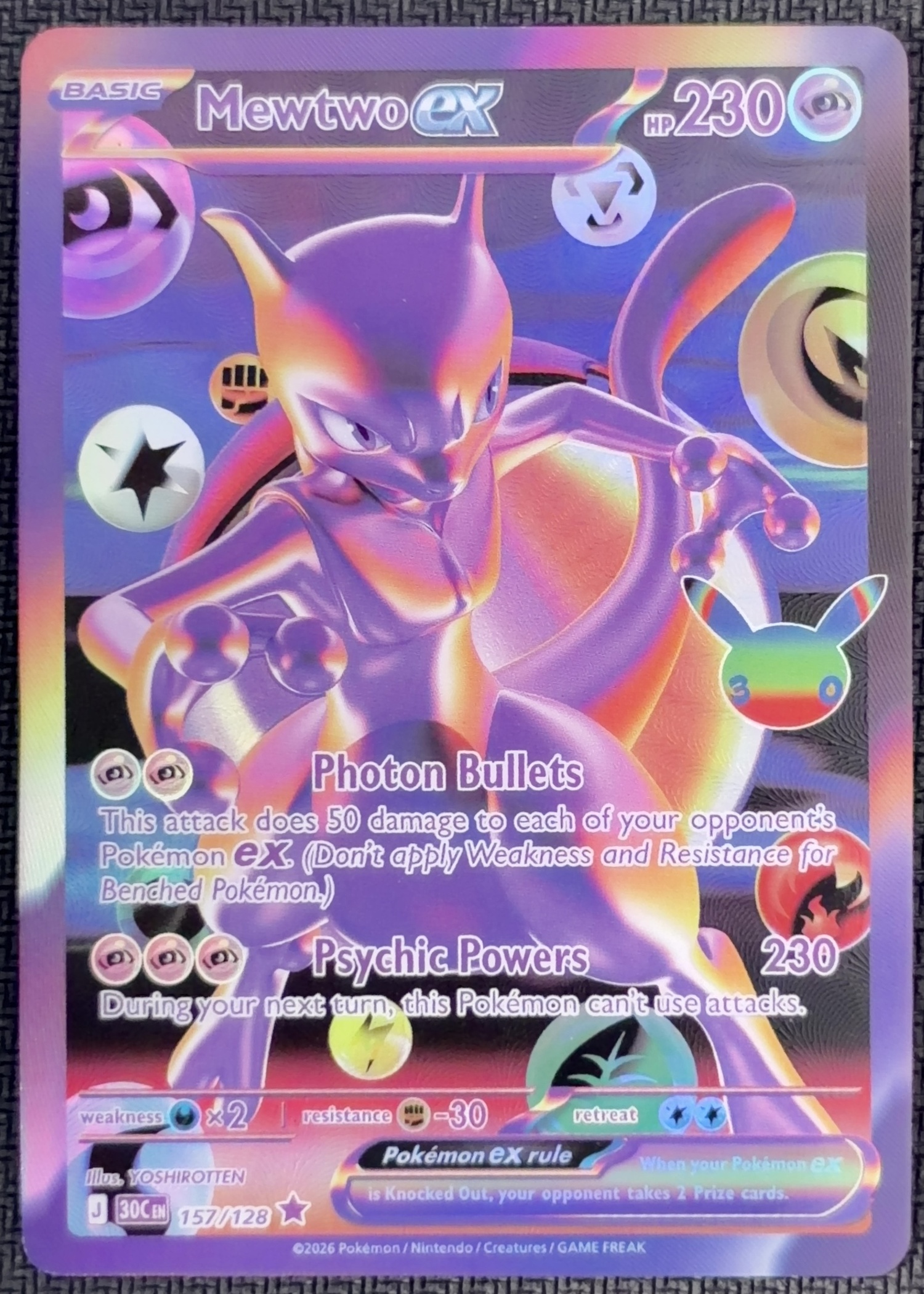 English Mewtwo ex 157/128 30th Celebration textured holo custom proxy collector card