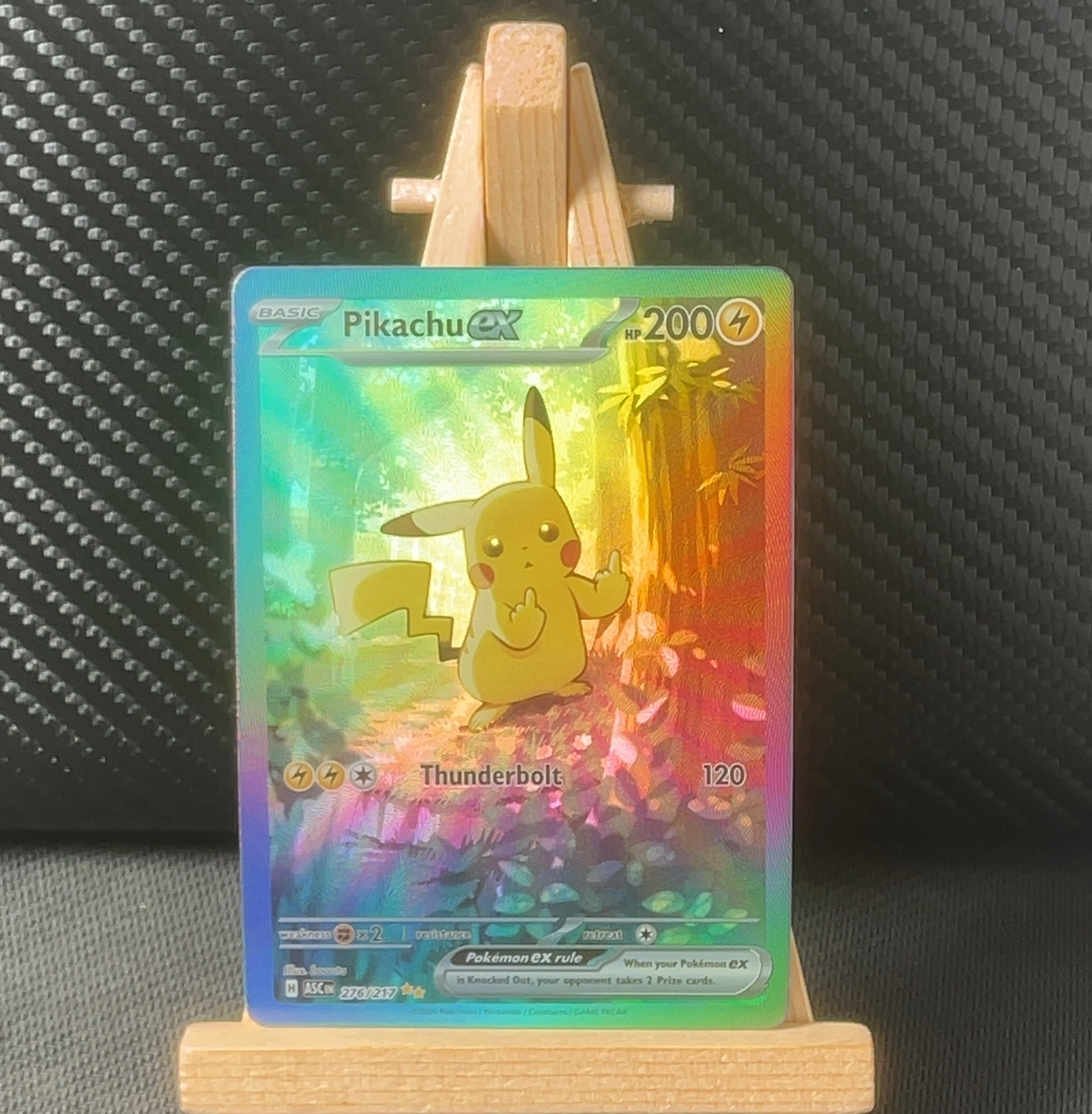 Foil detail of Pikachu ex — Mega Evolution: Ascended Heroes 276/217 PARODY